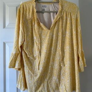 Croft & Barrow Womens XL Yellow White Peasant Tie Front Blouse Ruffle Sleeve EC2